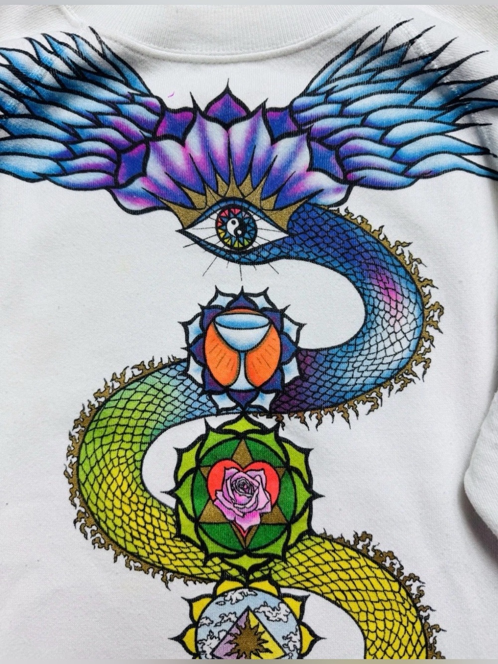 Vintage 80s Snake Chakras Third Eye Hanes White Crewneck Sweater XL - Picture 4 of 7